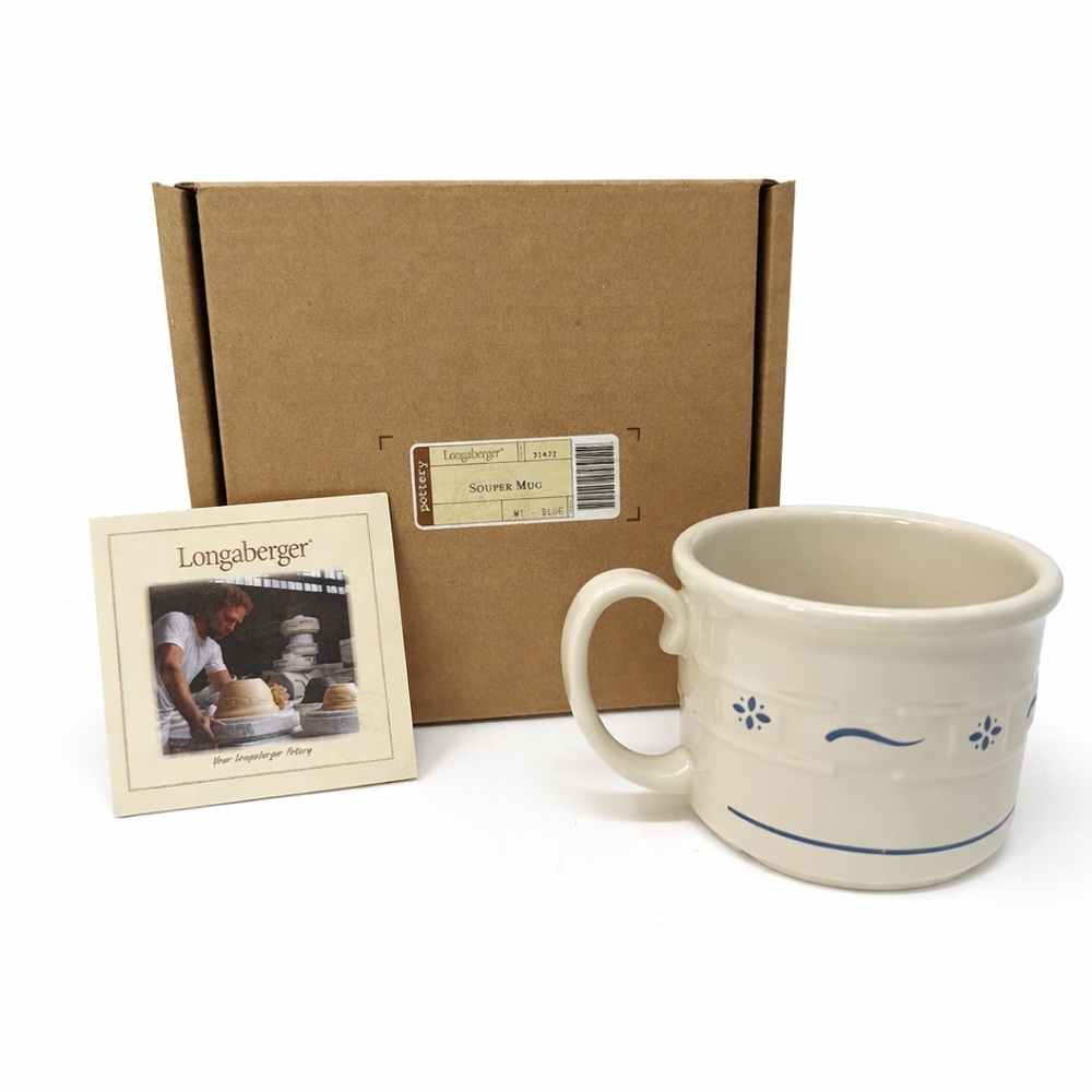 Longaberger Woven Traditions Blue Souper Mug Pottery Soup Cup USA